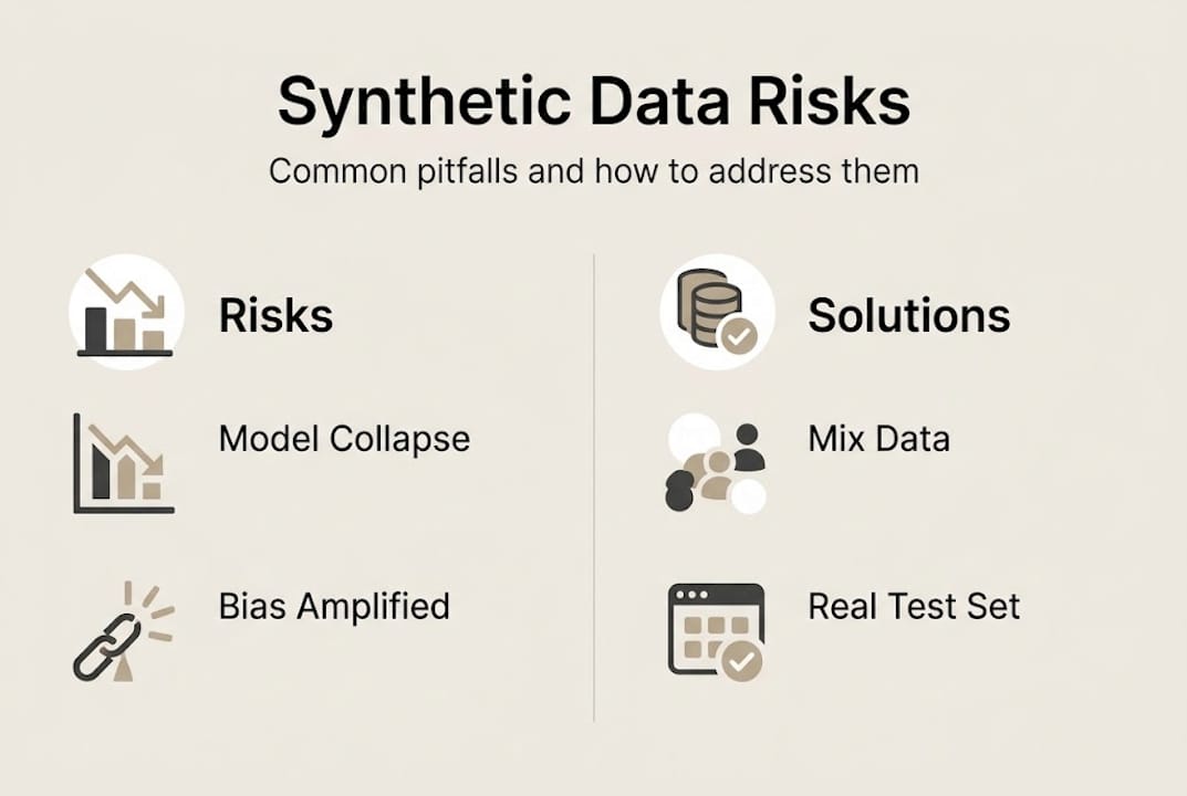 Infographic showing synthetic data pitfalls and fixes