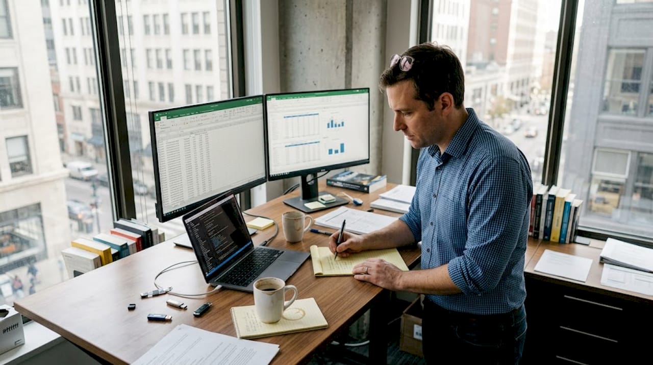 Data scientist organizing datasets at office desk