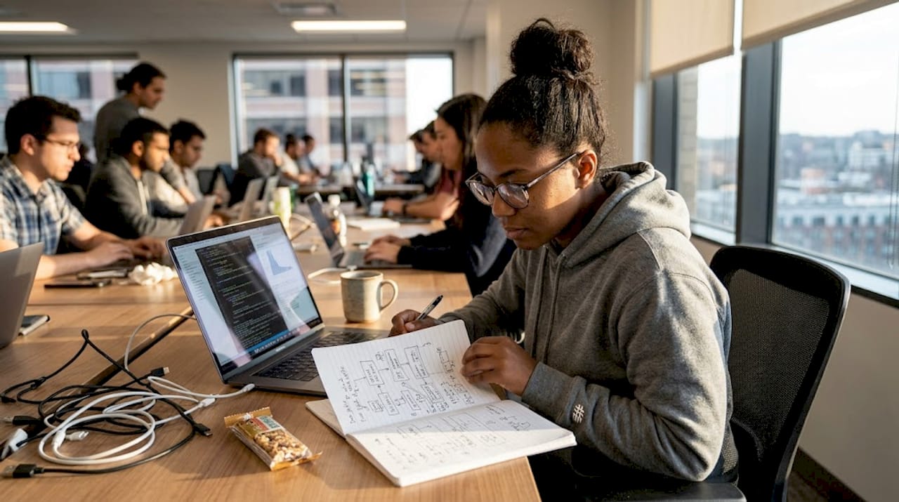Engineer reviewing data pipeline and notes