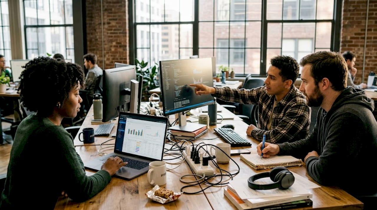 Team working around data pipeline workspace