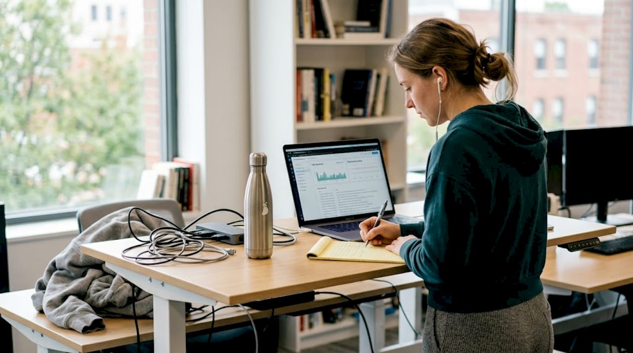 Engineer reviewing AI retrieval logs at desk
