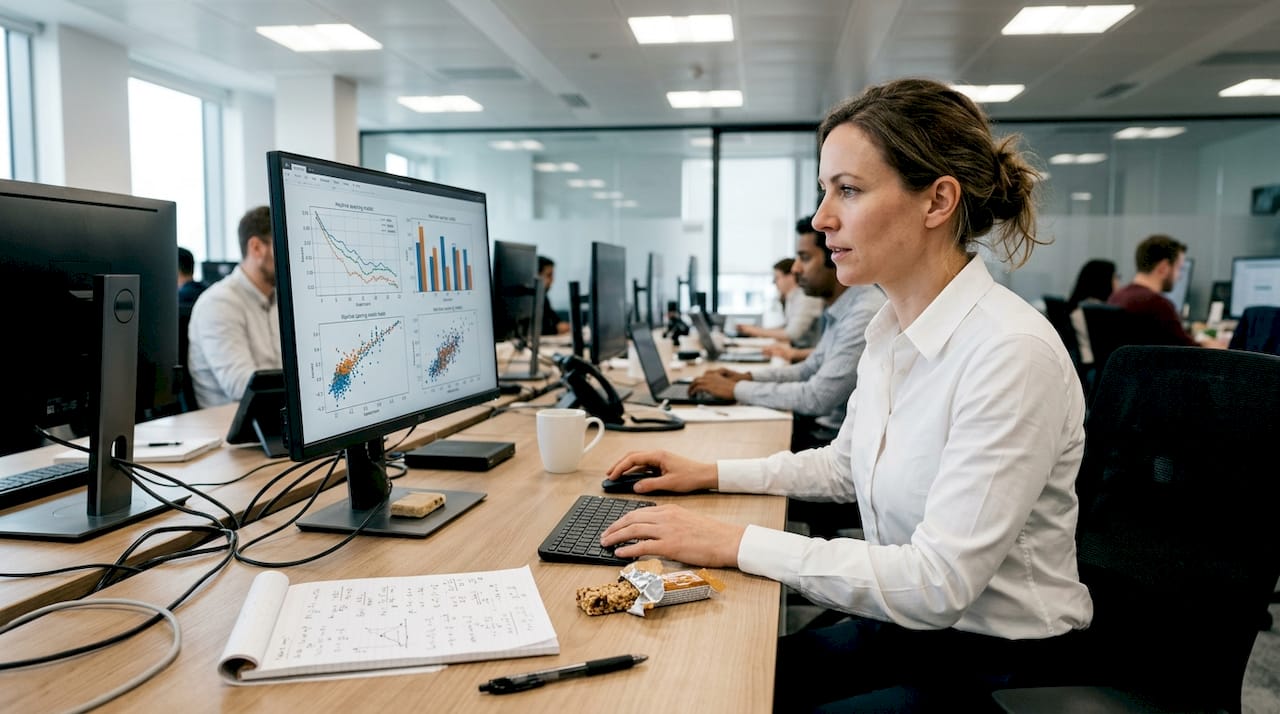 Data scientist reviewing graphs in open workspace