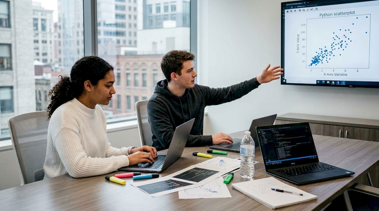 Engineers collaborating on synthetic data in office