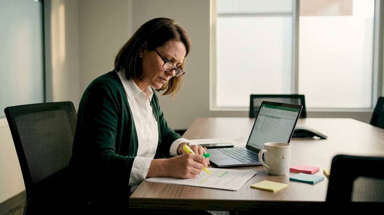 Analyst quality checks data sheets in meeting room