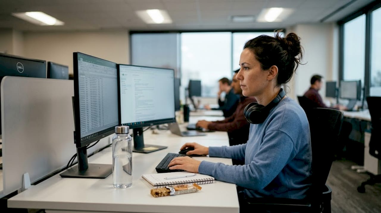Data engineer reviews dataset on dual monitors