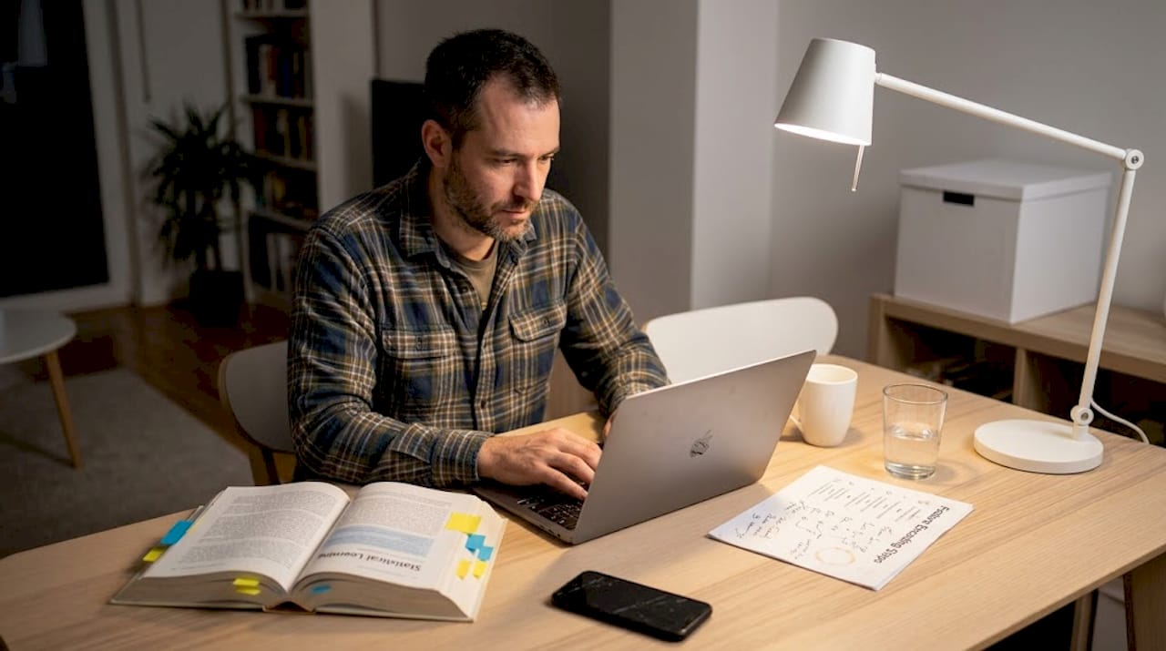 Person coding feature engineering steps at dining table