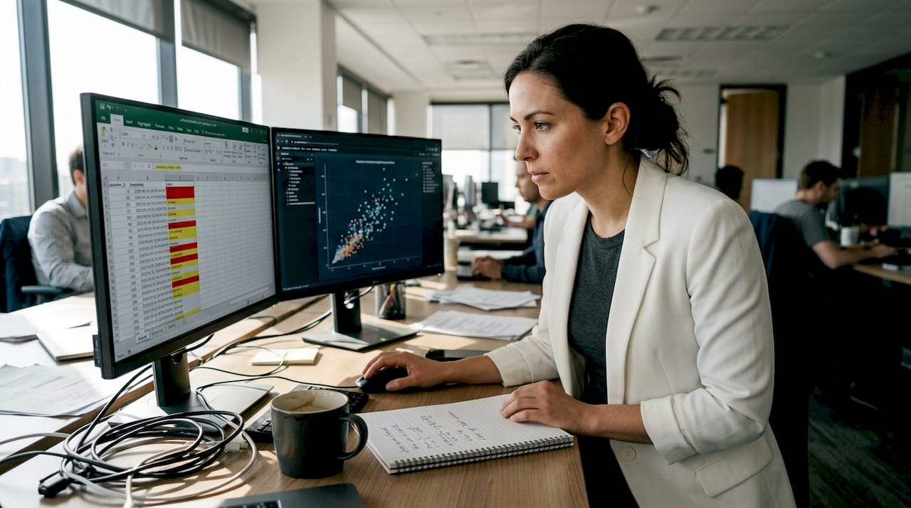 Data scientist cleaning messy dataset at open-plan office