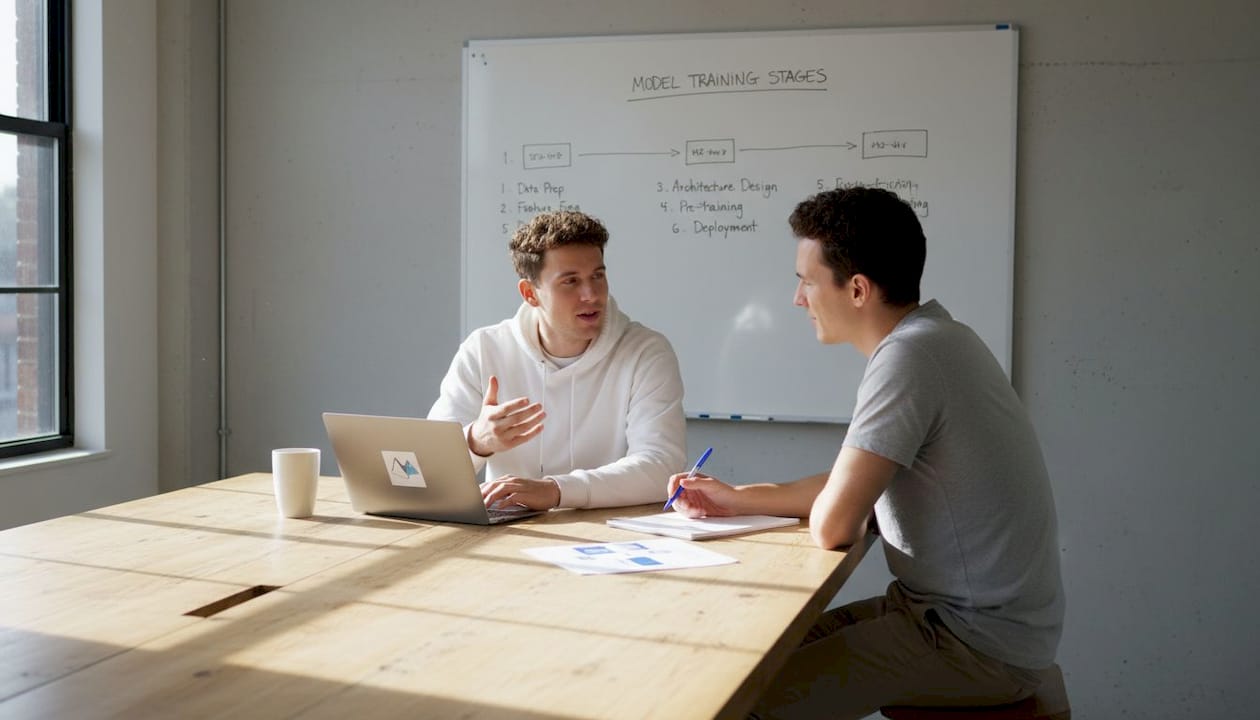 Engineers discuss AI model evolution at table
