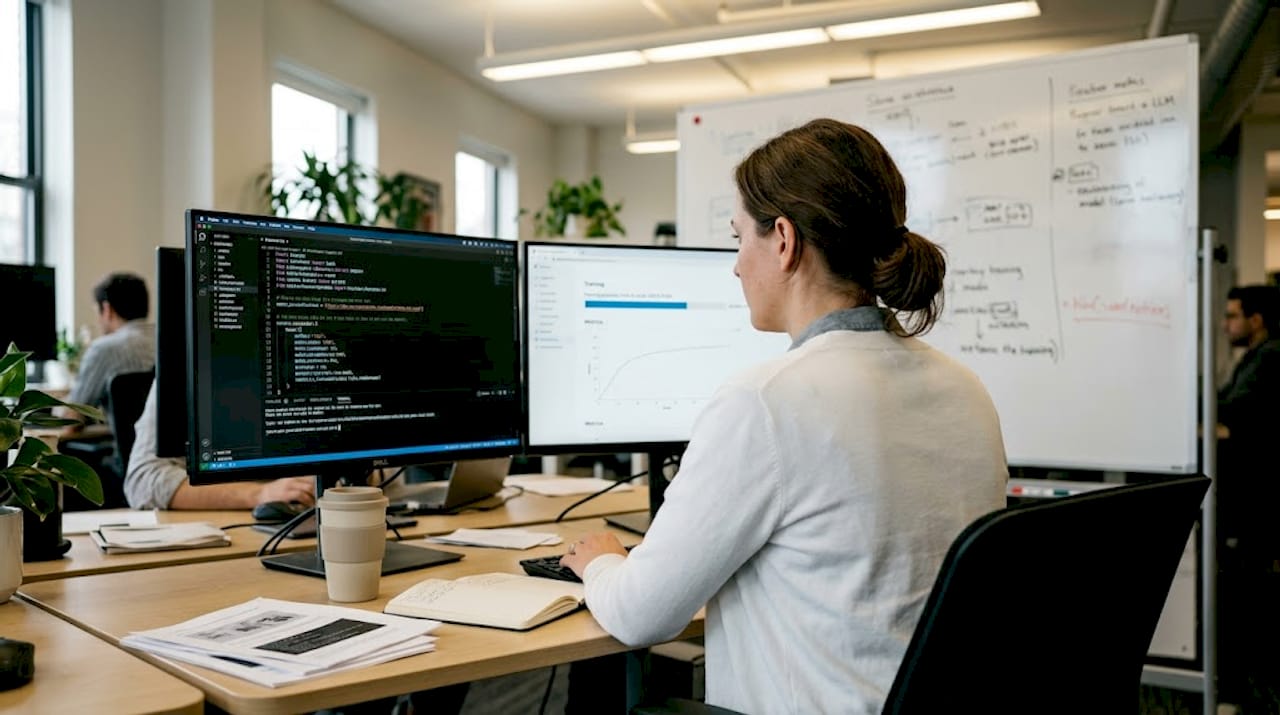 Engineer working on LLM fine-tuning at desk