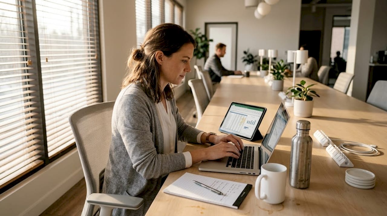 Professional working on data extraction at office table