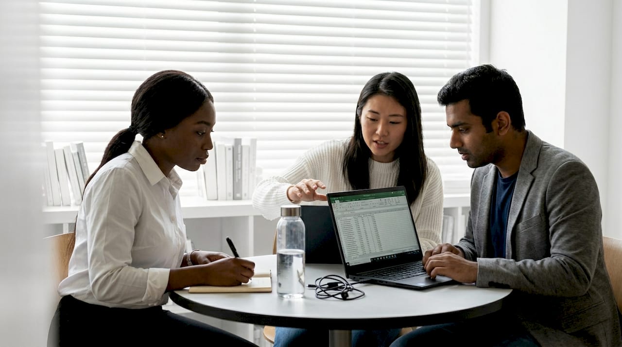 Team of data scientists collaborating in workspace