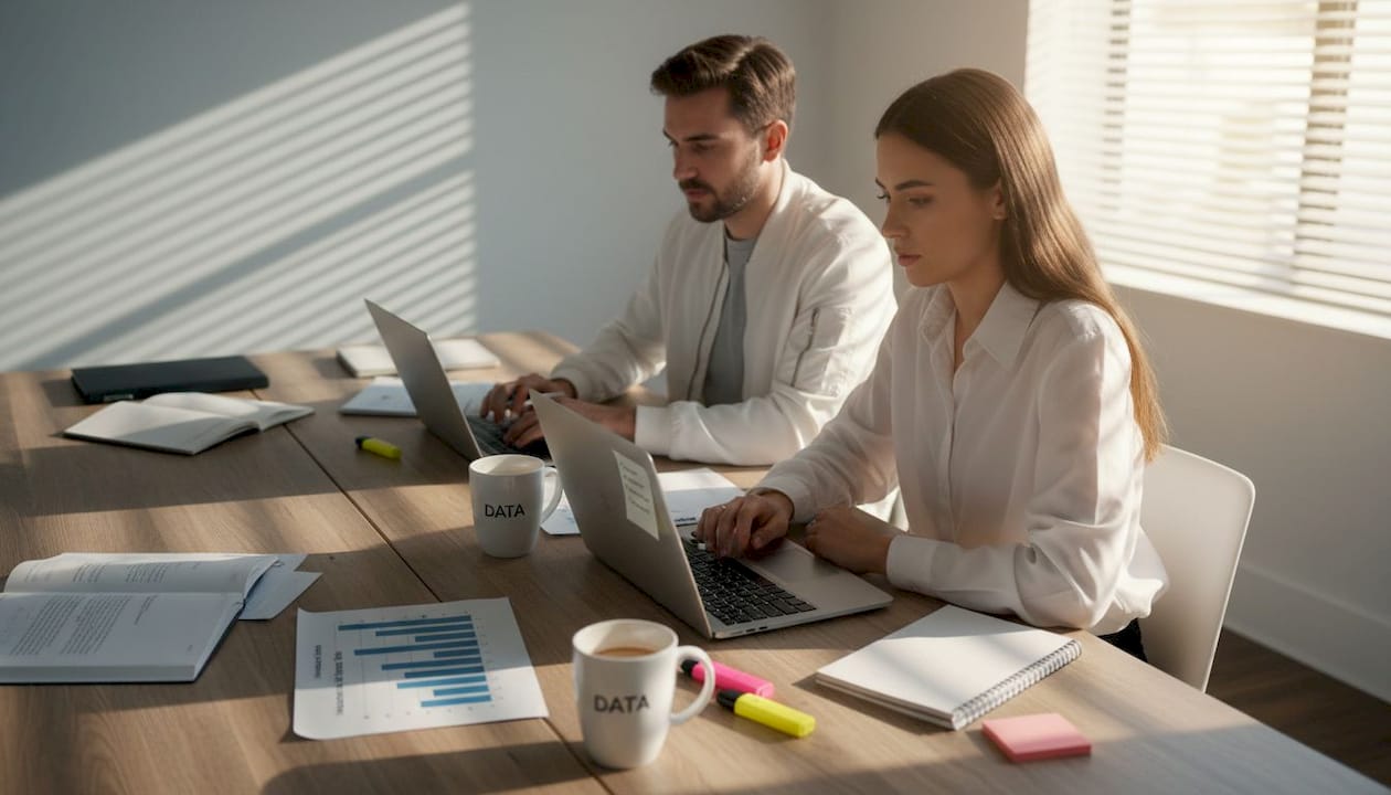 Data analysts reviewing quality control guidelines