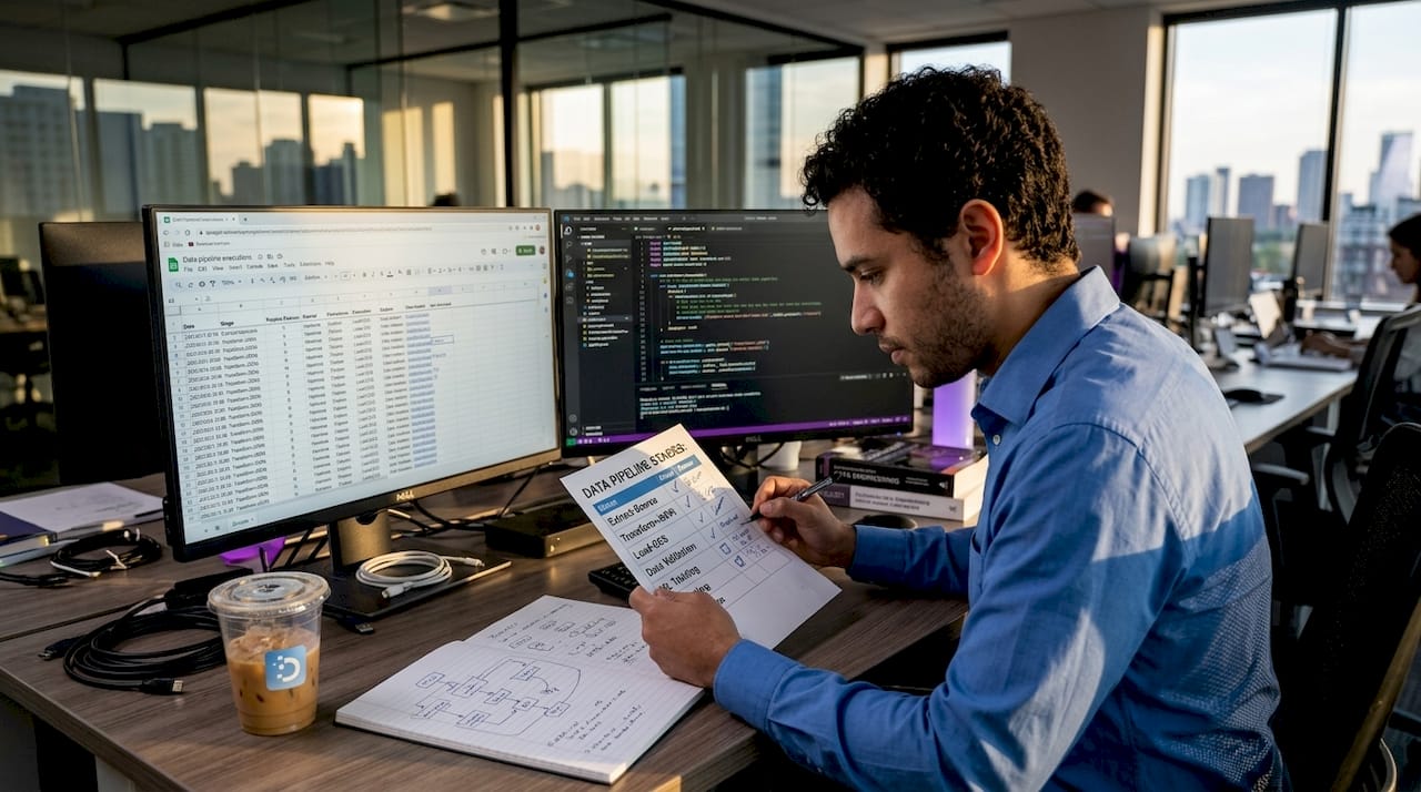 Engineer checks printed data pipeline checklist