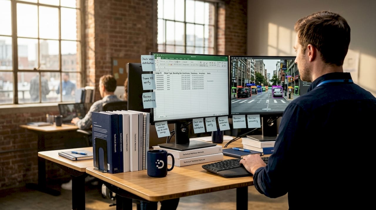 Engineer labeling data on dual monitors at desk