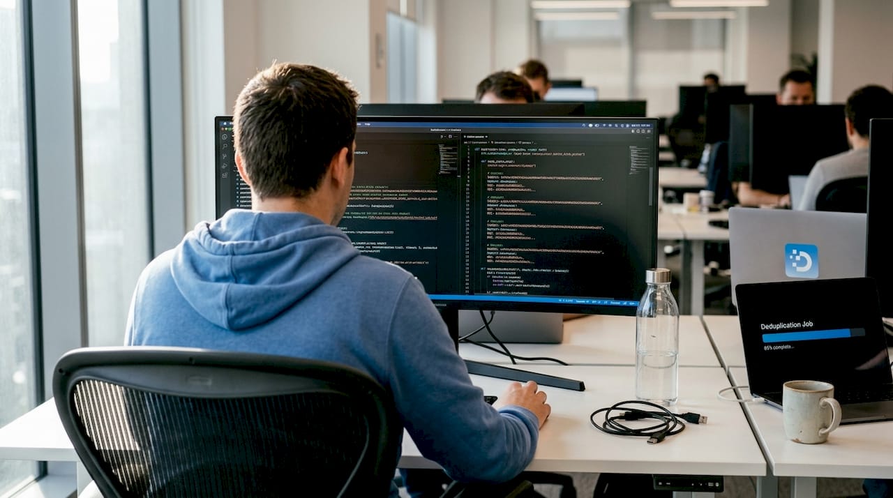 Engineer reviewing deduplication workflow at desk