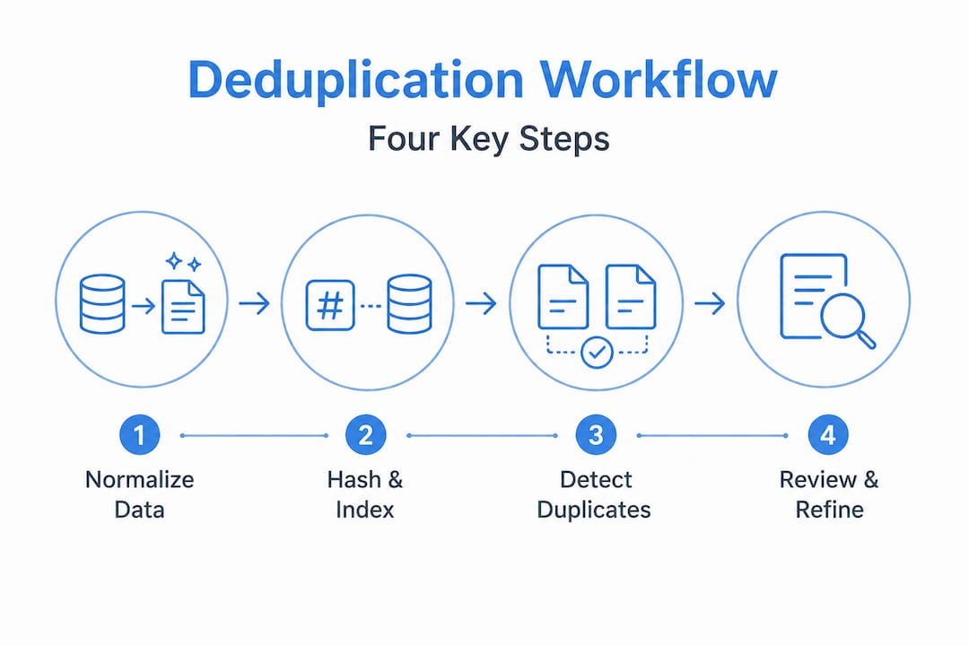 Infographic showing four key deduplication steps