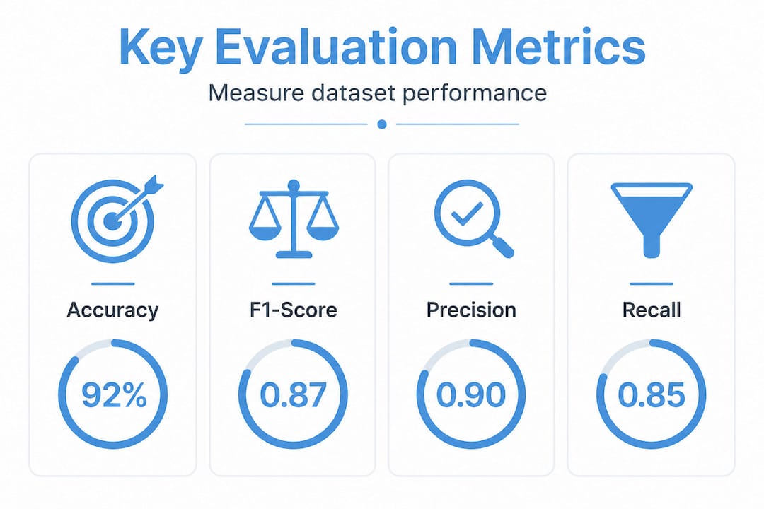Infographic with four dataset evaluation metrics