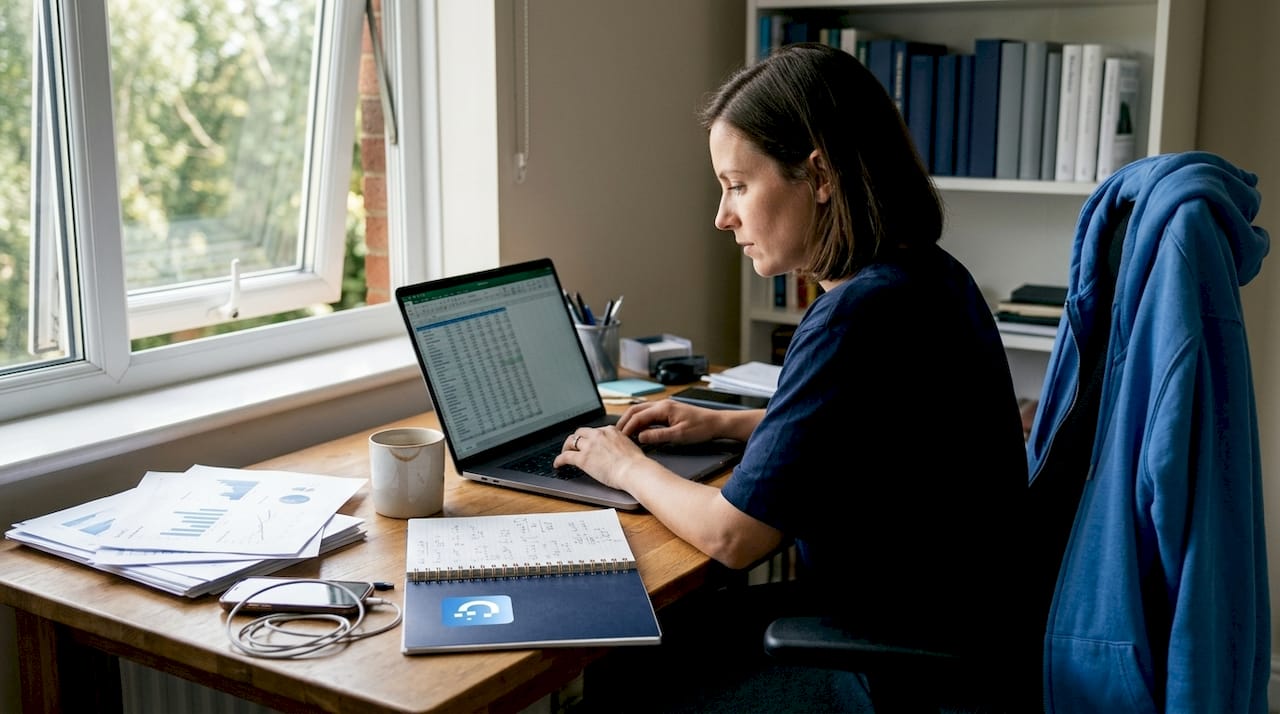 Data analyst reviews spreadsheet in sunlit home office