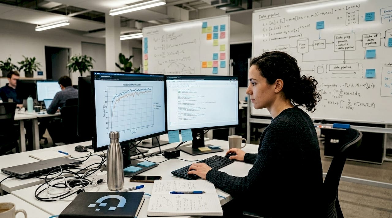 Data scientist working on normalization in shared office