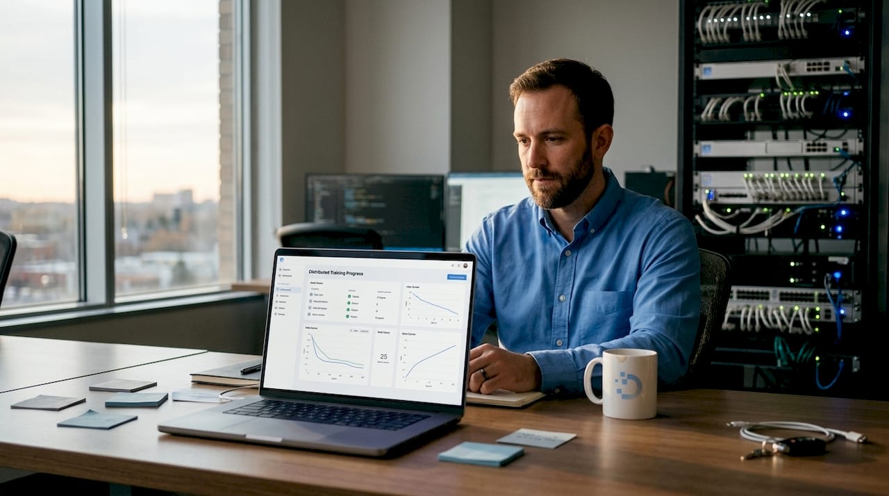 Engineer reviews distributed AI training dashboard