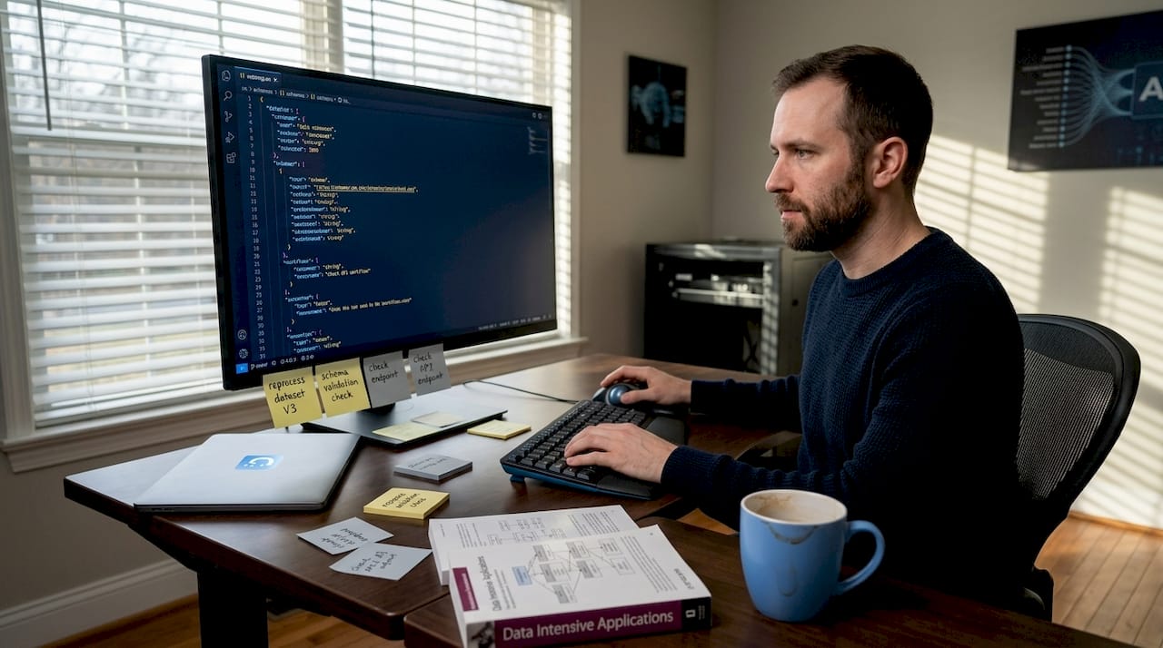 Data scientist reviewing JSON dataset on desktop computer