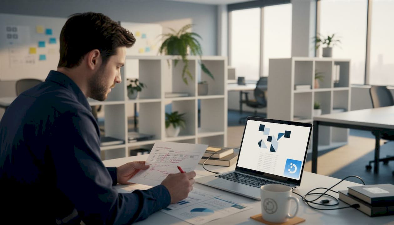 Data scientist reviews annotated training sheets at shared desk