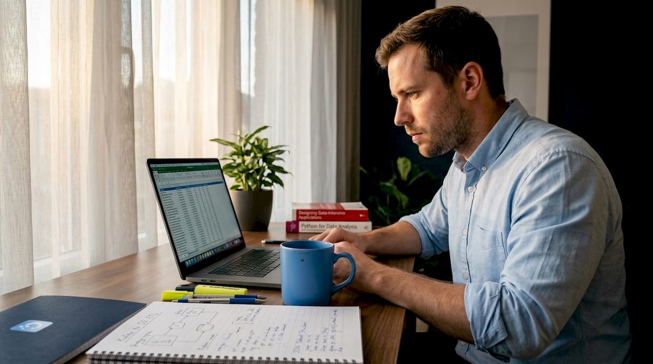 Data engineer reviewing validation workflow at desk