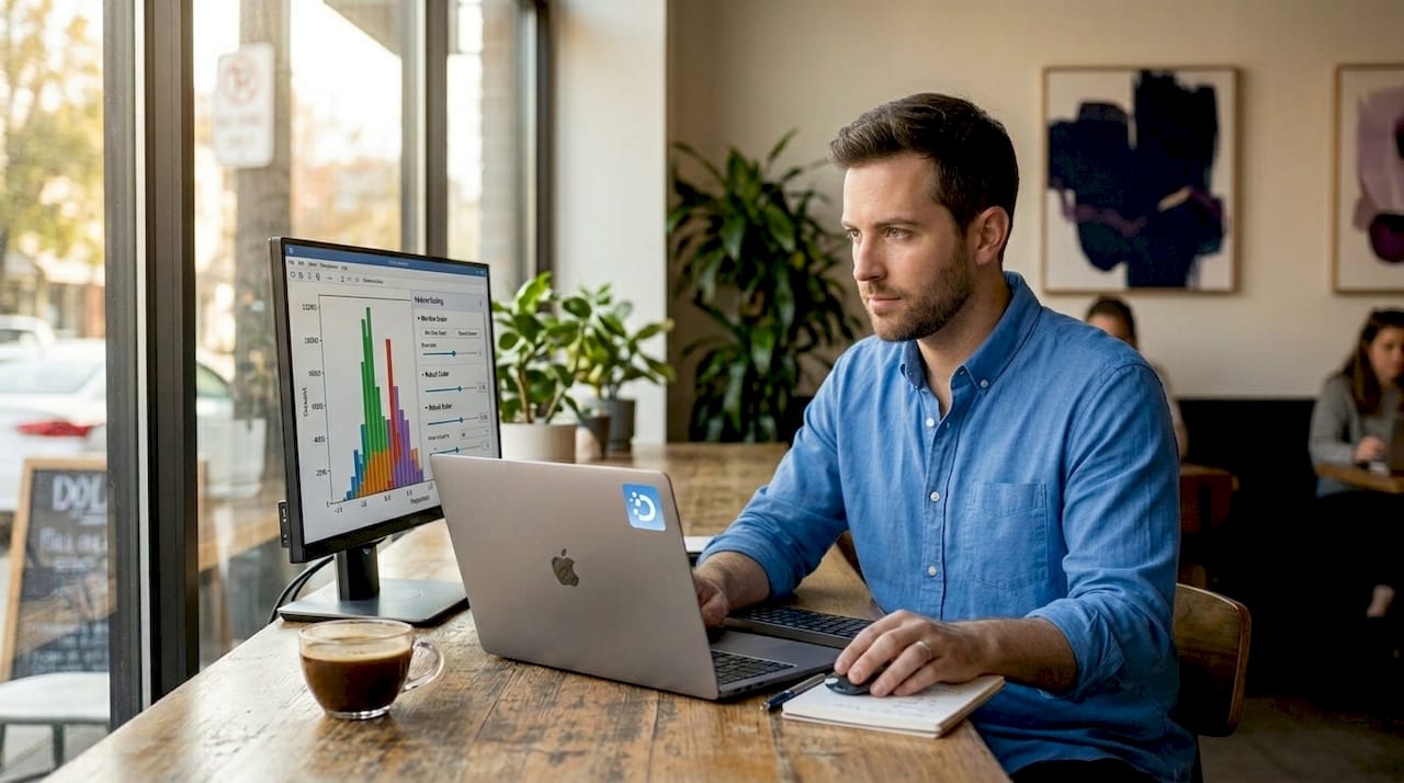 Engineer manages data normalization at open workspace desk