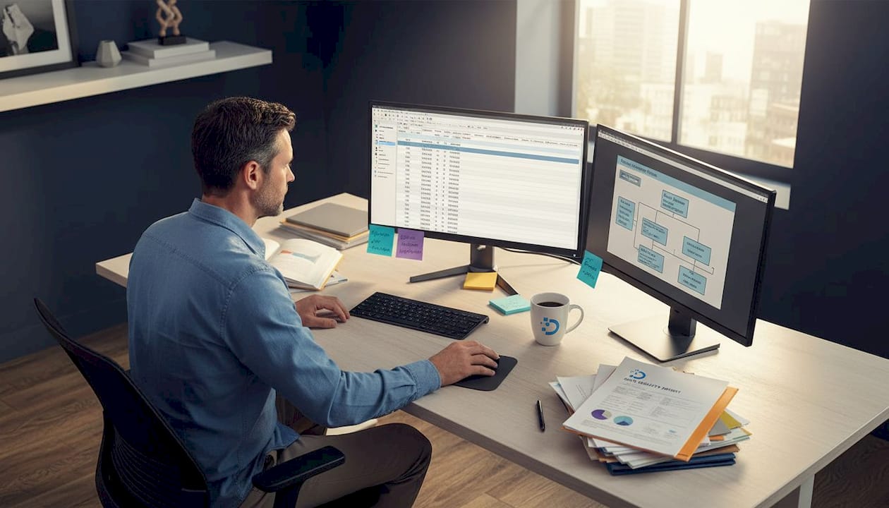 Engineer reviewing data quality diagram and schemas