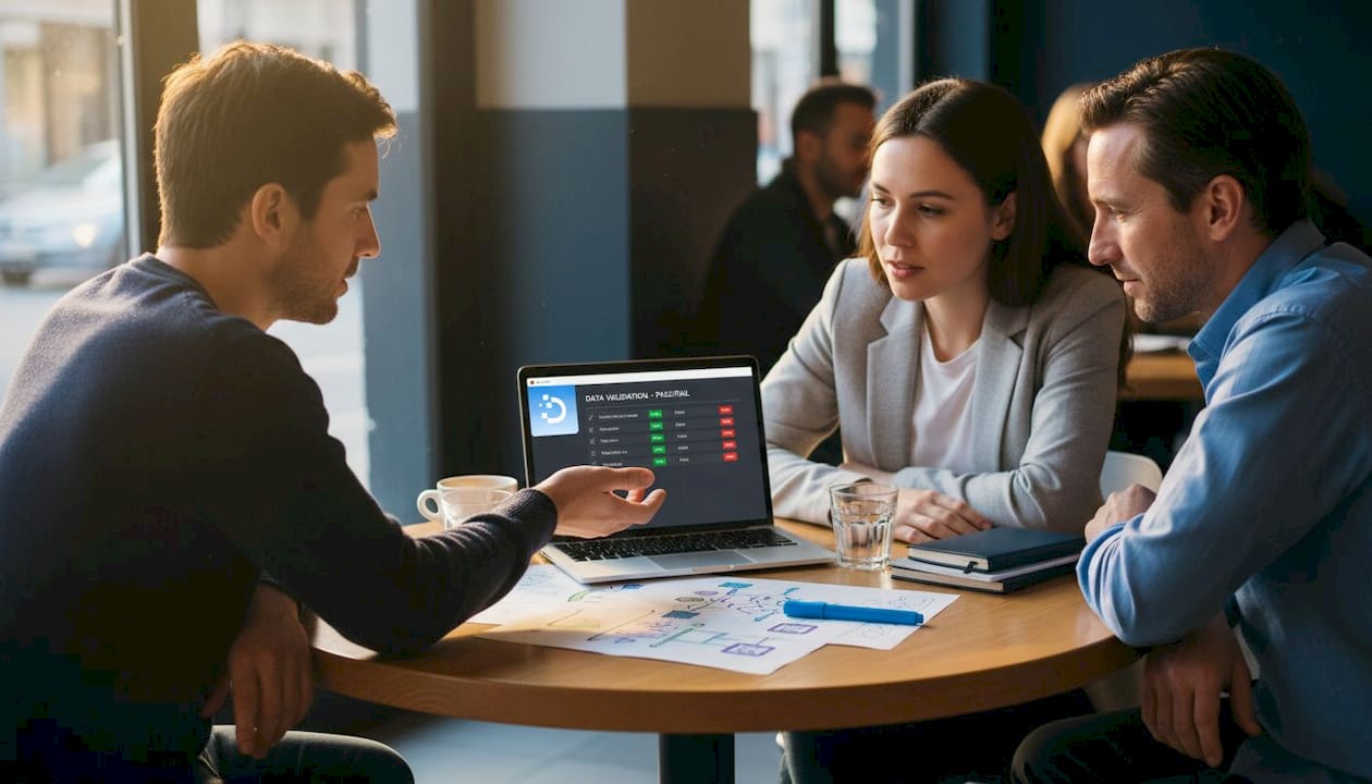 Team checks data validation checklist at office table