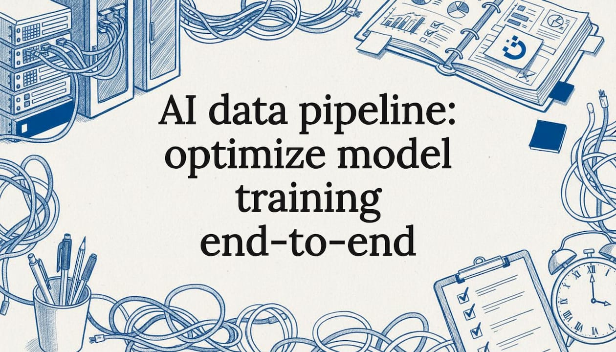 Hand-drawn data pipeline title card with servers, notes, and tools