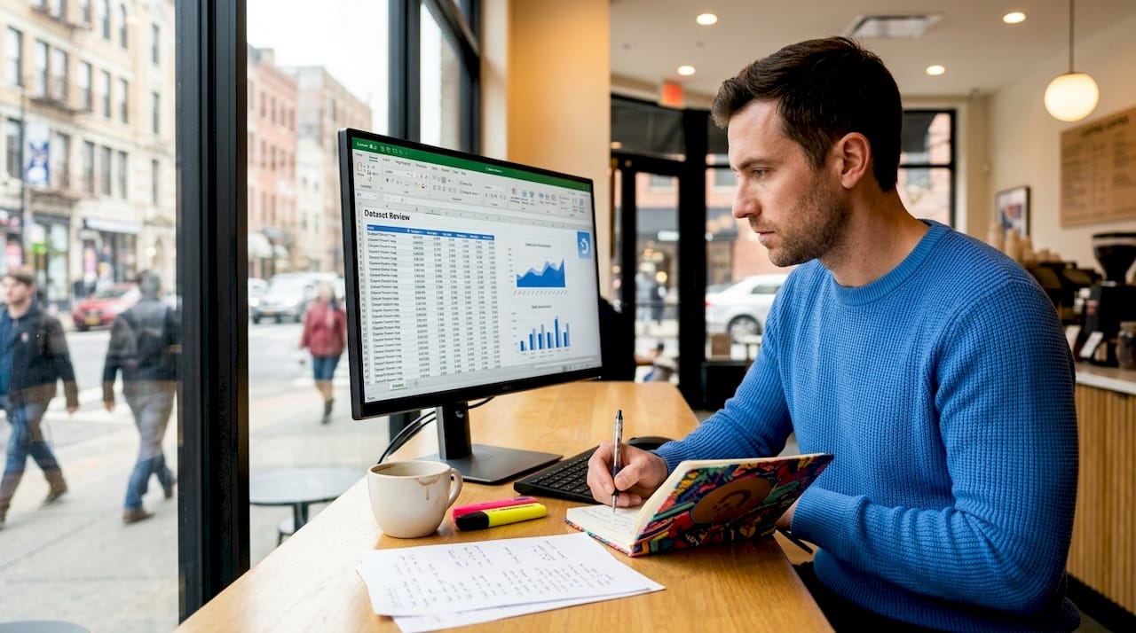 Engineer reviews dataset on monitor in open workspace