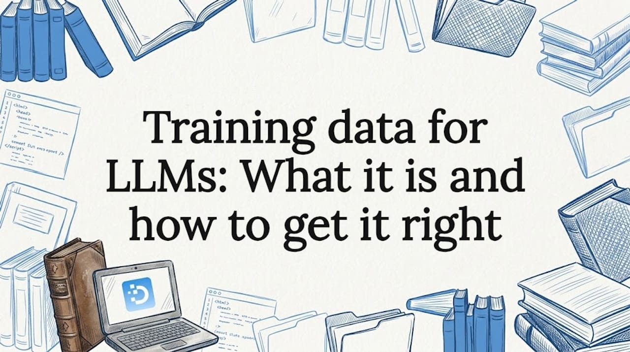 Hand-drawn LLM training data themed title card with books, folders, code frames