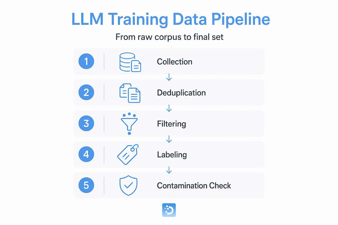 Infographic shows LLM data pipeline in five vertical steps