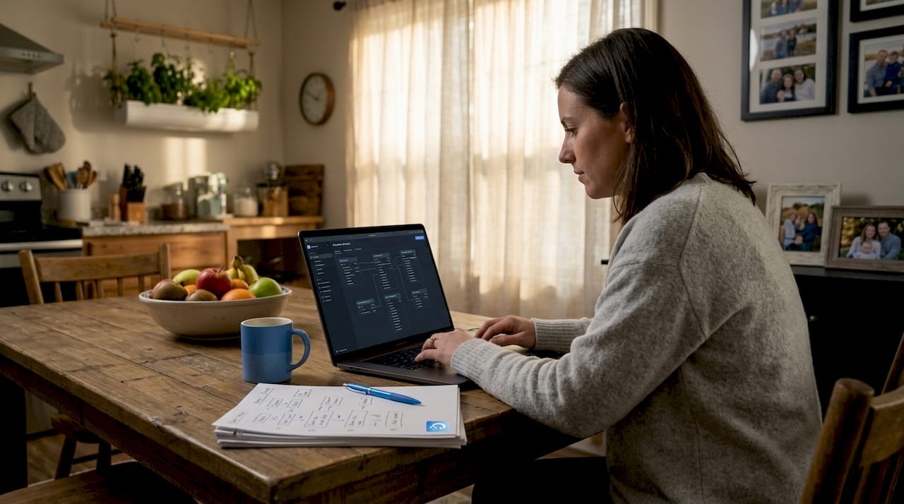 Data scientist reviewing schema at kitchen table