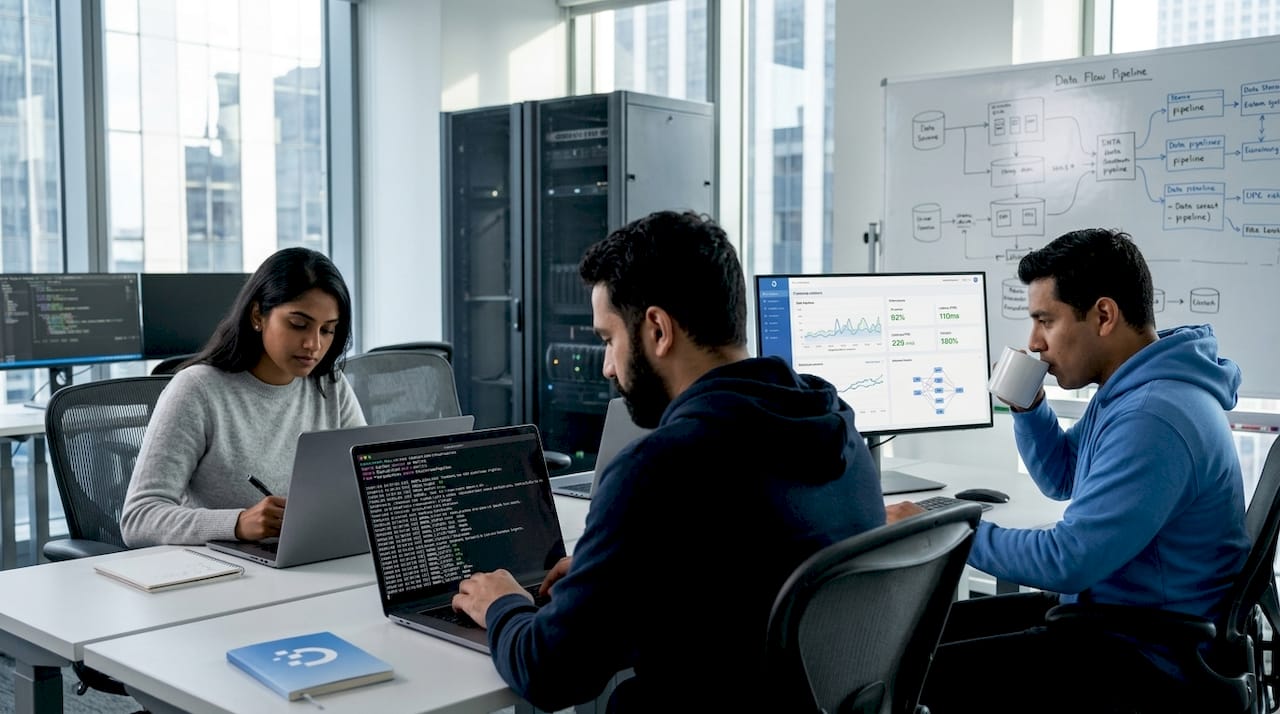 ML engineers ingesting data in busy tech office