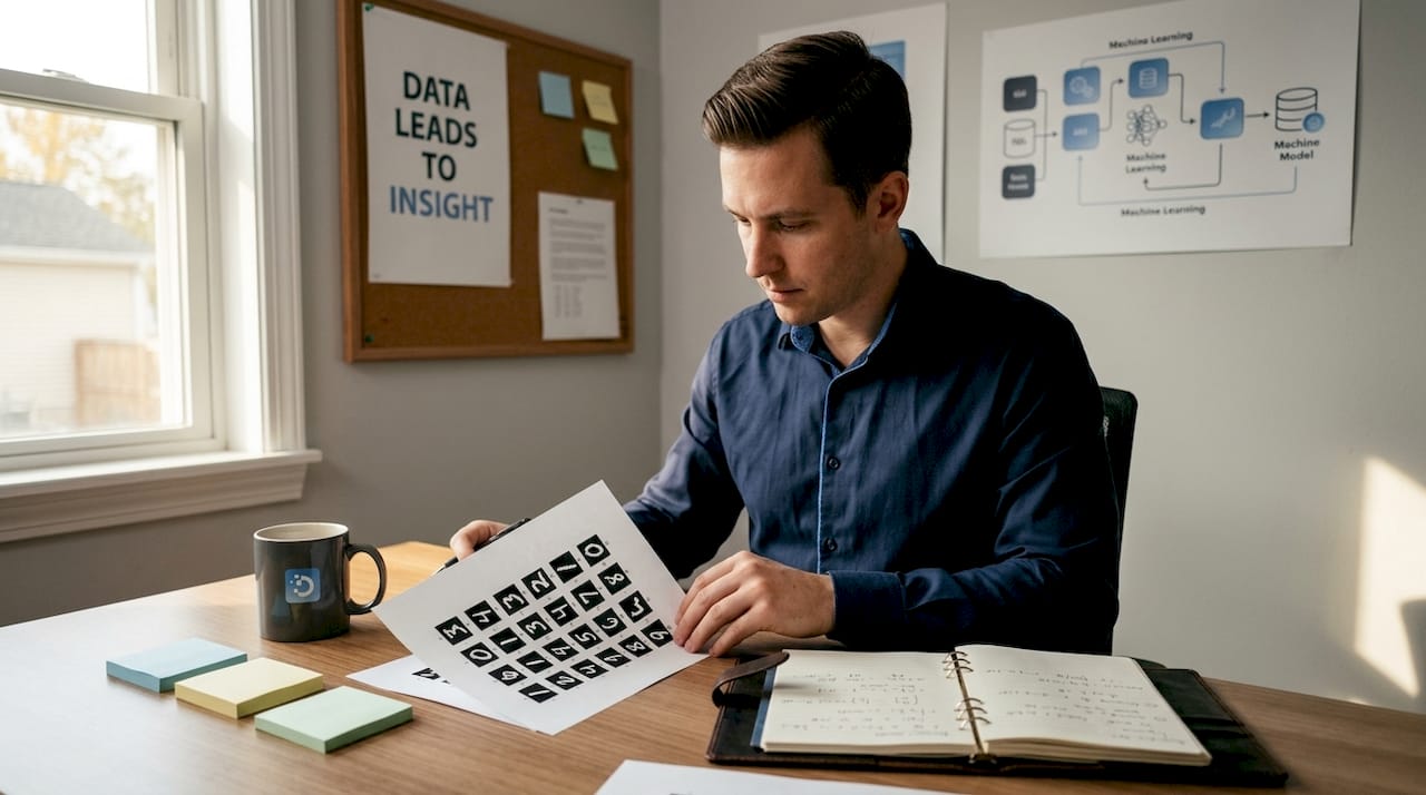 Engineer examines handwritten digit dataset at desk