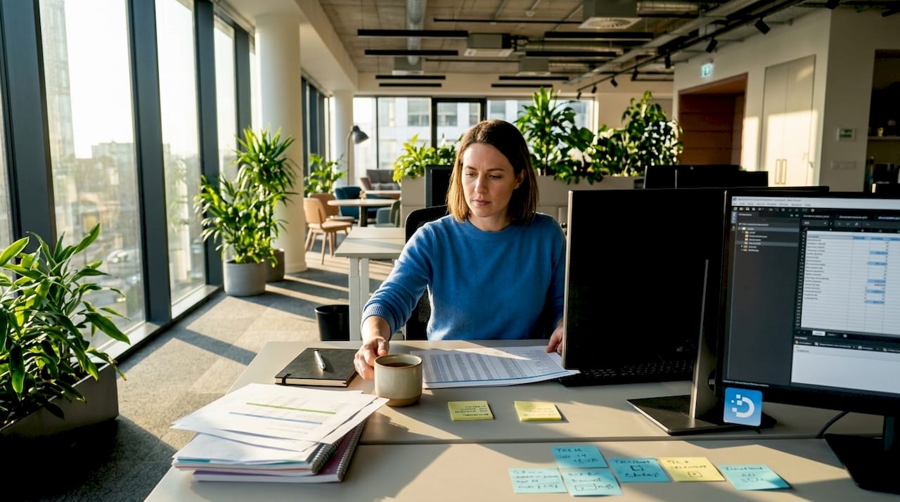 Engineer reviewing spreadsheet on widescreen monitor