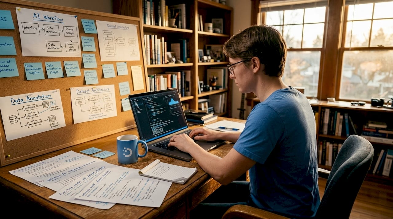 Engineer working on AI model fine-tuning at desk