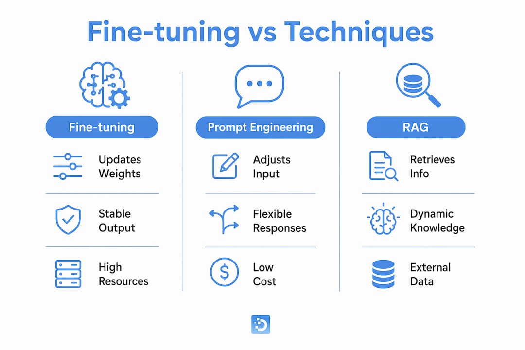 Infographic comparing AI fine-tuning, prompt engineering, and RAG techniques