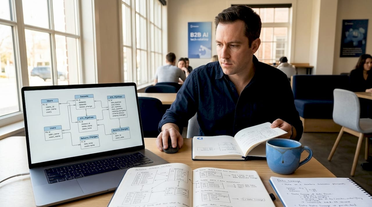 Data engineer reviewing database schema diagram at desk