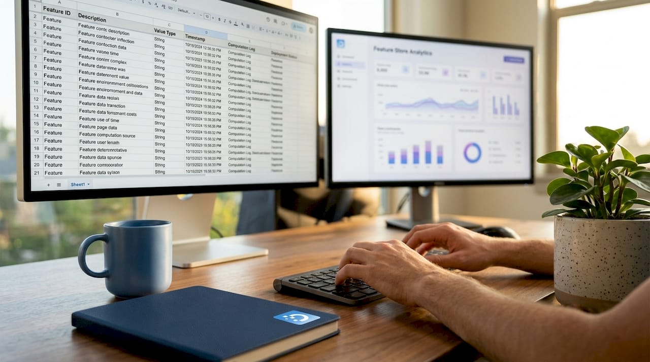 ML engineer working on feature store dashboard in home office