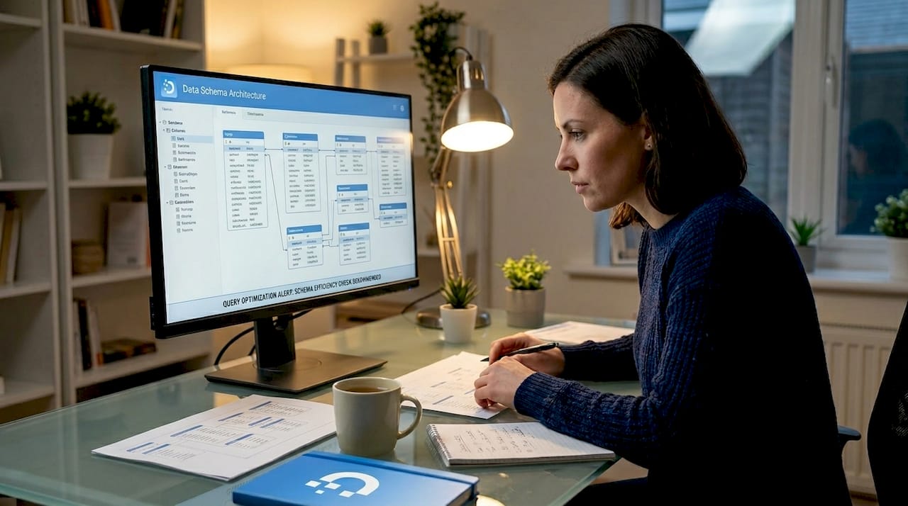 Data scientist reviewing data schema on screen