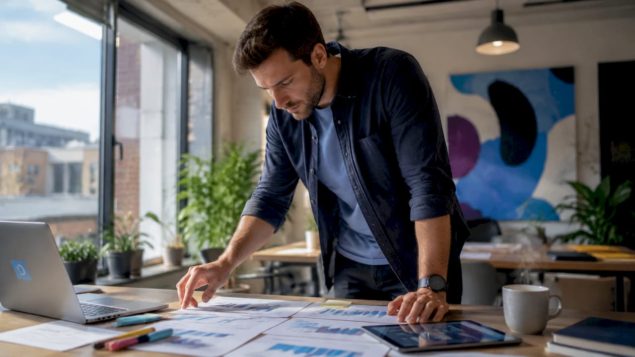 Data analyst working with computers at desk