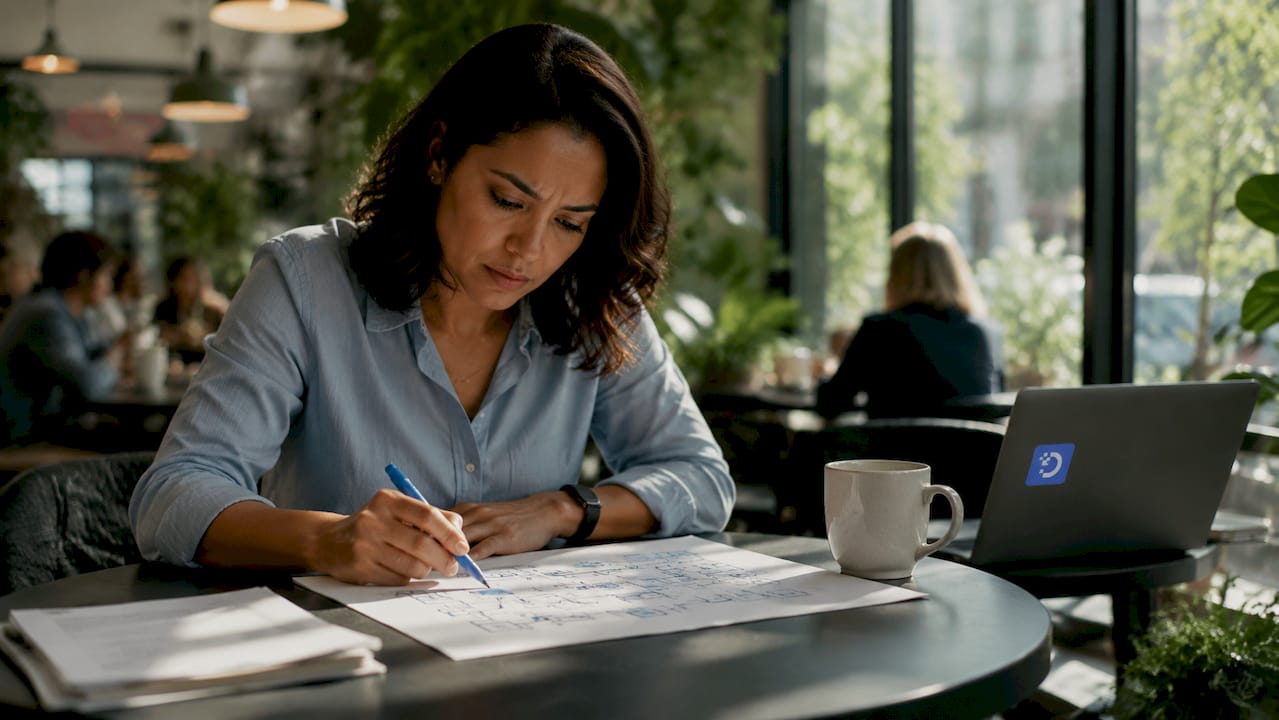 Data engineer reviewing schema diagram at desk