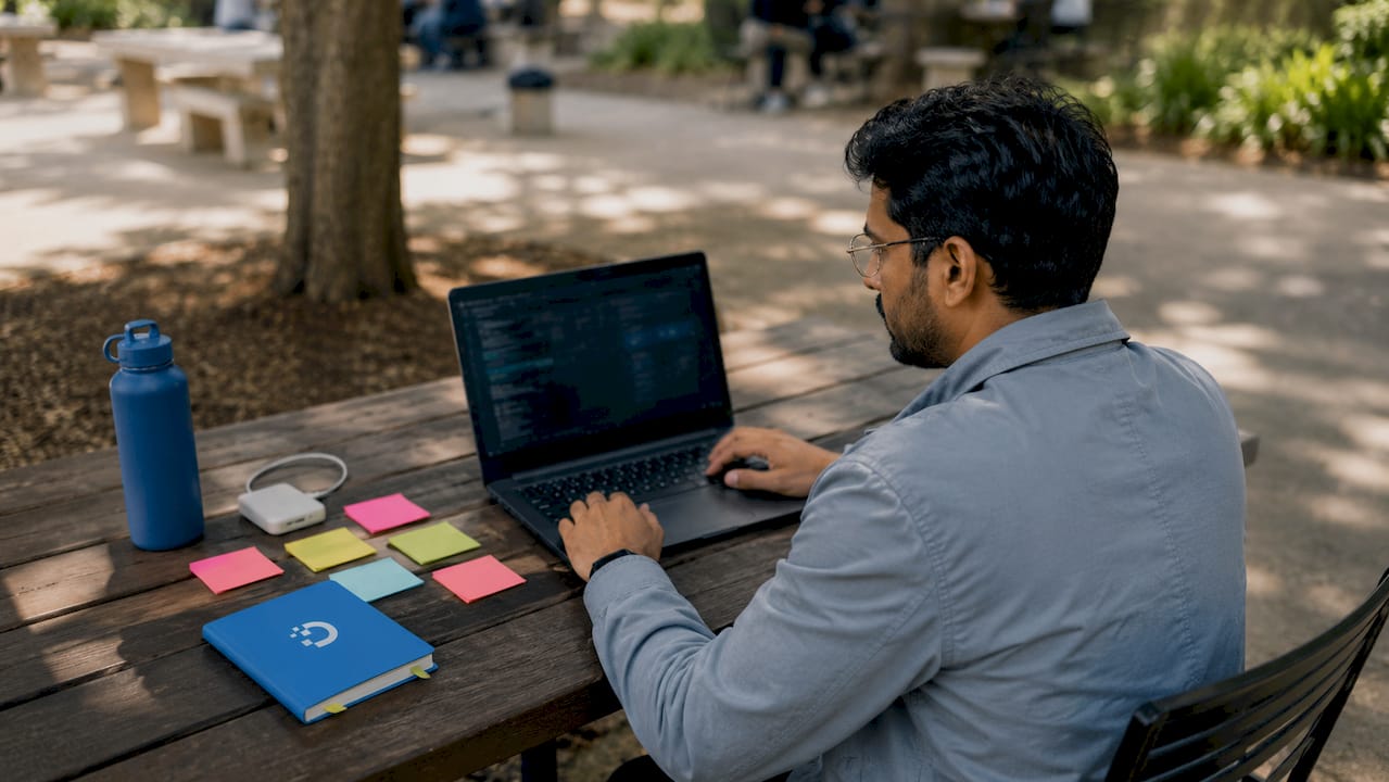 ML engineer working at desk with multiple screens