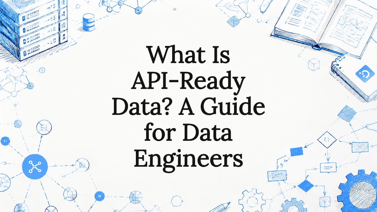 Decorative title card illustration with data and API motifs