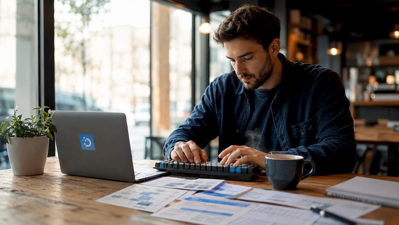 Data engineer working at desk with API reference cards