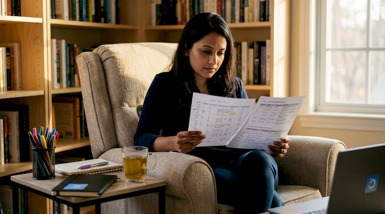 Woman reviewing annotated training data sheets