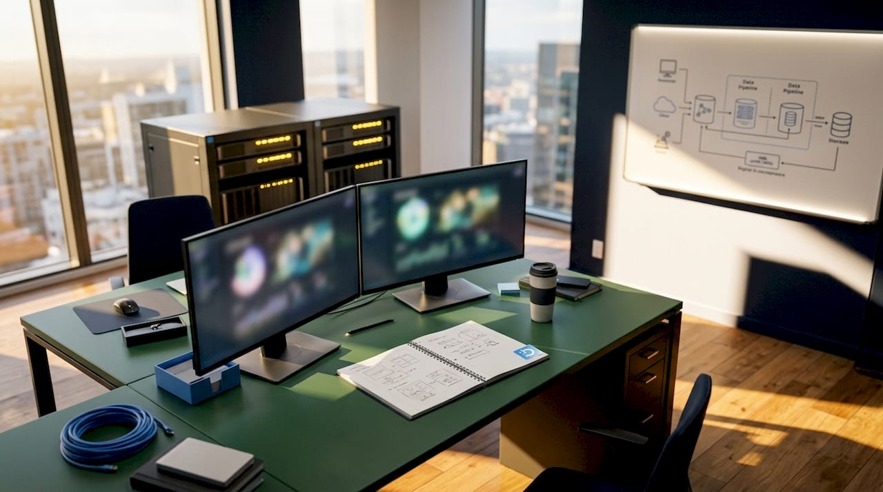 Isometric illustration of data science workspace and pipeline